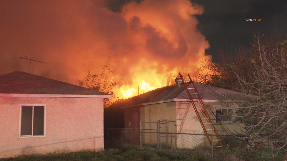 @LAFD battle house fire in Arleta early today. Fire through the roof and arcing power lines make  for very dangerous conditions. One patient evaluated.