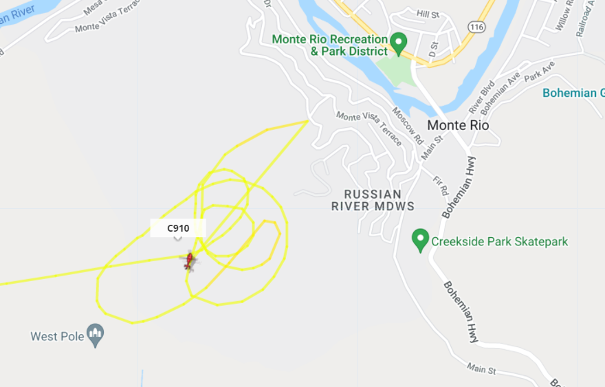 MonteRio (Sonoma Co) - Copter 910 reporting a 4 acre fire with  slow-moderate ROS burning up towards the ridge in the understory, providing recon only @ this time. Appears to be difficult access for ground resources. Located off the end of Bonita Terr. This is the AlpineFire