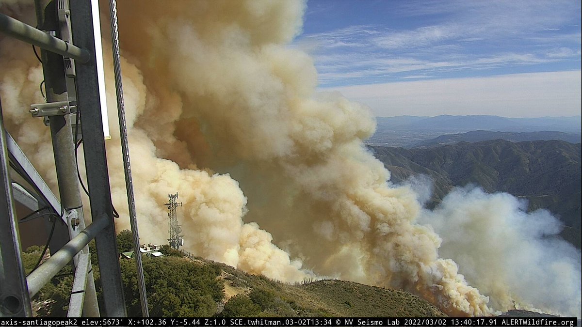 JimFire (Cleveland NF, Orange Co) - Radio traffic: the fire has slopped across the Main Divide, concerned about the potential for fire to get in Coldwater Canyon & make a push to the east. There is a threat to the infrastructure at Santiago Peak, 3 crews &amp; dozers requested there