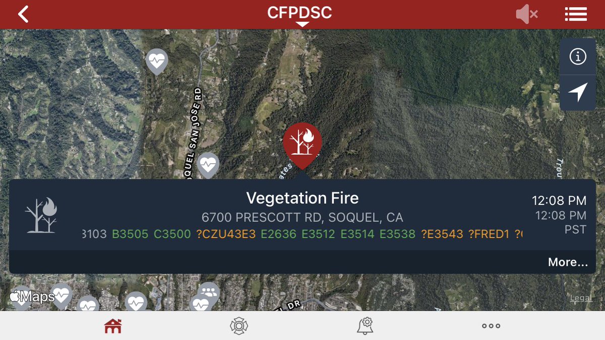 Crews responding to a vegetation fire at 6700 Prescott Road in Soquel (CZU). 200ft radius fire in a grove of redwoods per first unit at scene on the radio