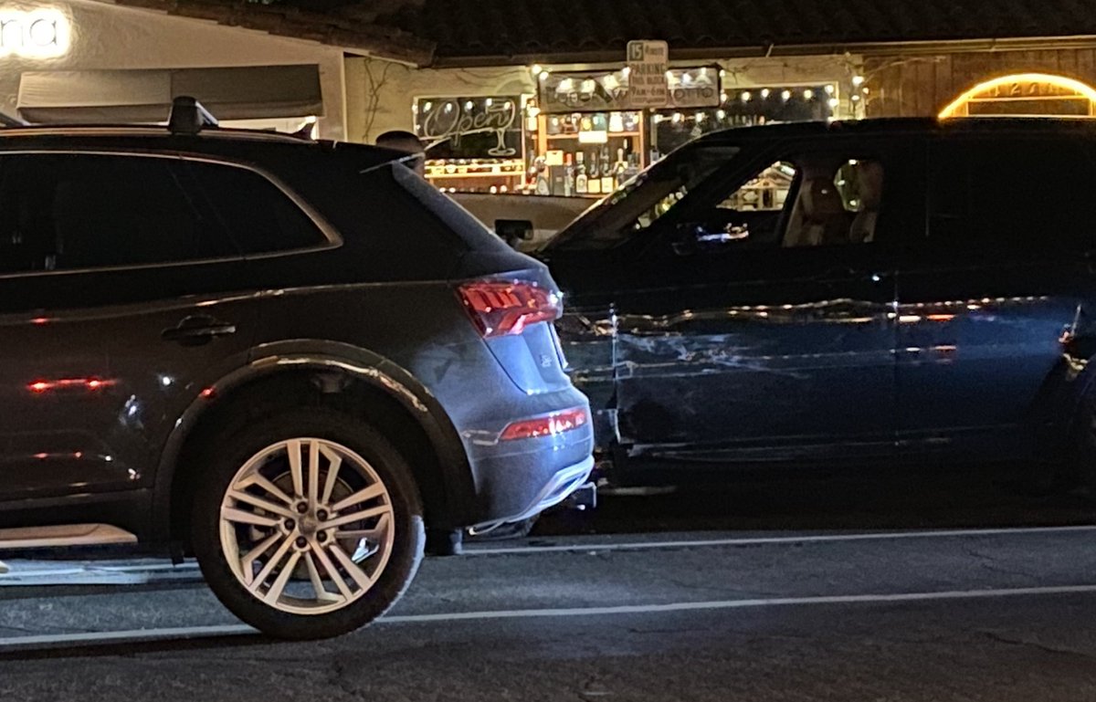 Three vehicles have been damaged in a Coast Village Rd. crash in Santa Barbara.  They were parked horizontal behind other cars that were angle parked by restaurants.  SB Police with several units investigating