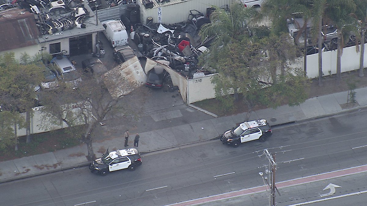 No injuries as a car crashes into a junkyard. And I mean into. 11400 Garfield in Paramount  