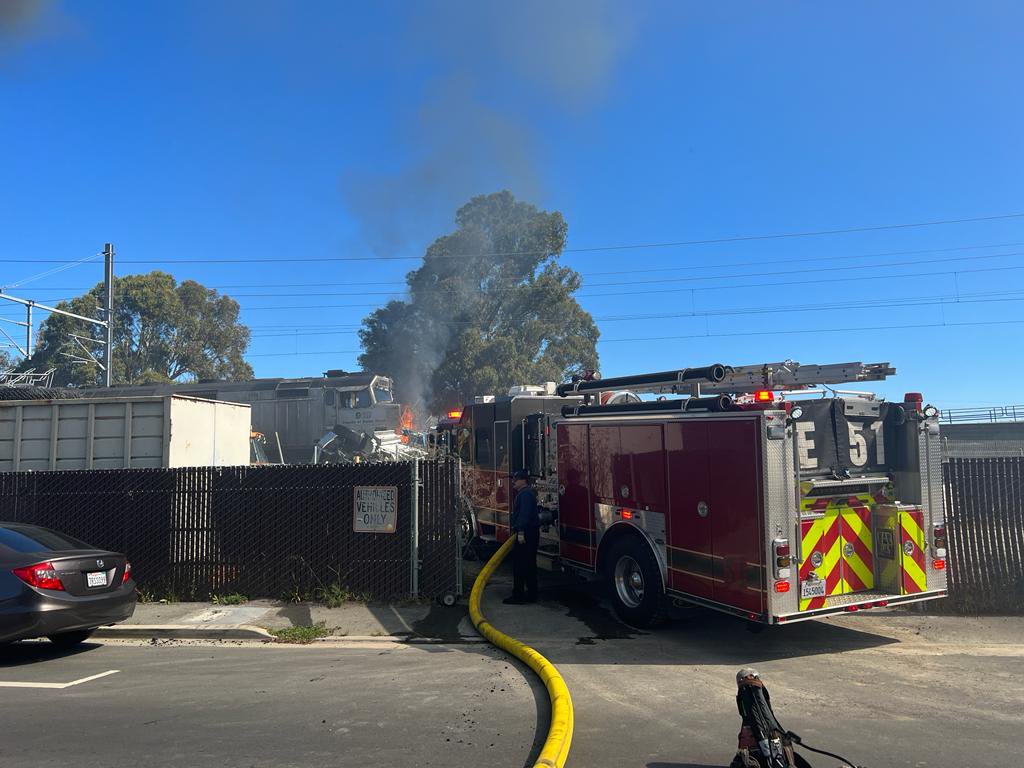 San Bruno Fire with auto aid resources are on scene of a second Alarm fire, MCI Level 3 at San Felipe and Huntington Ave. Train accident involving a vehicle on track with injuries .  25 units on scene with a total of 60 personnel on scene