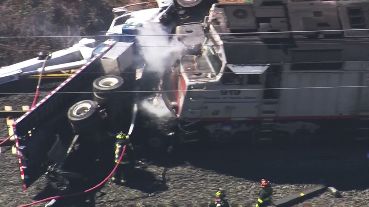 A Caltrain struck a vehicle in San Bruno this morning, transit agency says.   Collision involved on-track equipment - Caltrain crewmember and equipment operator hurt 