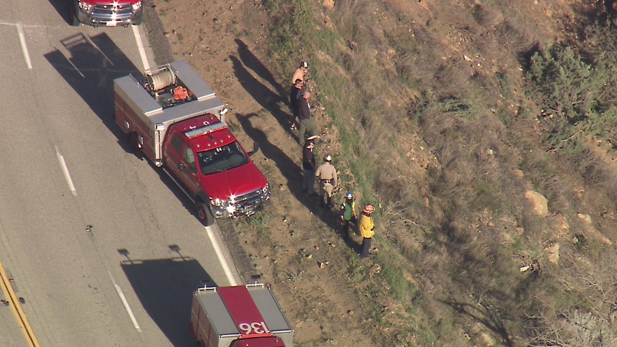 San Francisquito canyon car over the side falling and rolling about 100 feet off the roadway. @LACoFireAirOps and rescuers on the ground made their way to find the driver ALIVE but trapped in the car. Jaws of life used to free him then airlifted to Henry Mayo 