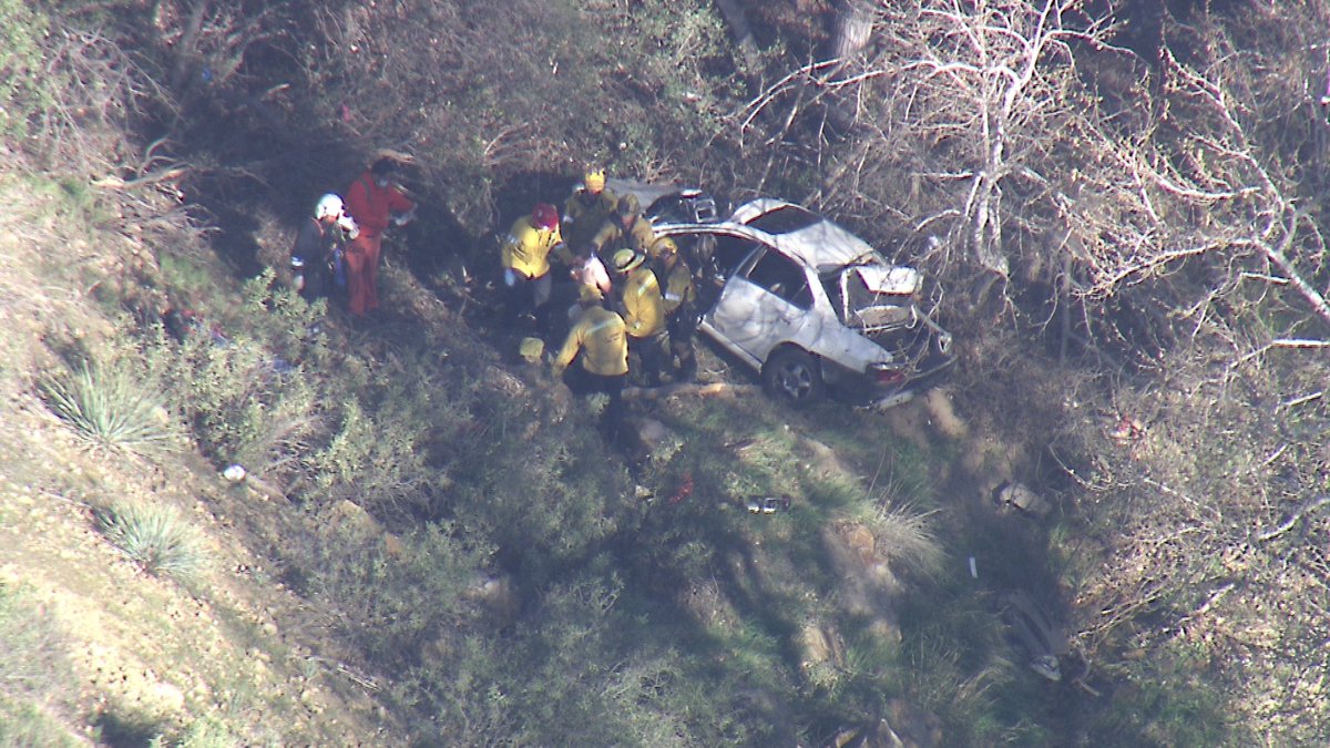 San Francisquito canyon car over the side falling and rolling about 100 feet off the roadway. @LACoFireAirOps and rescuers on the ground made their way to find the driver ALIVE but trapped in the car. Jaws of life used to free him then airlifted to Henry Mayo 