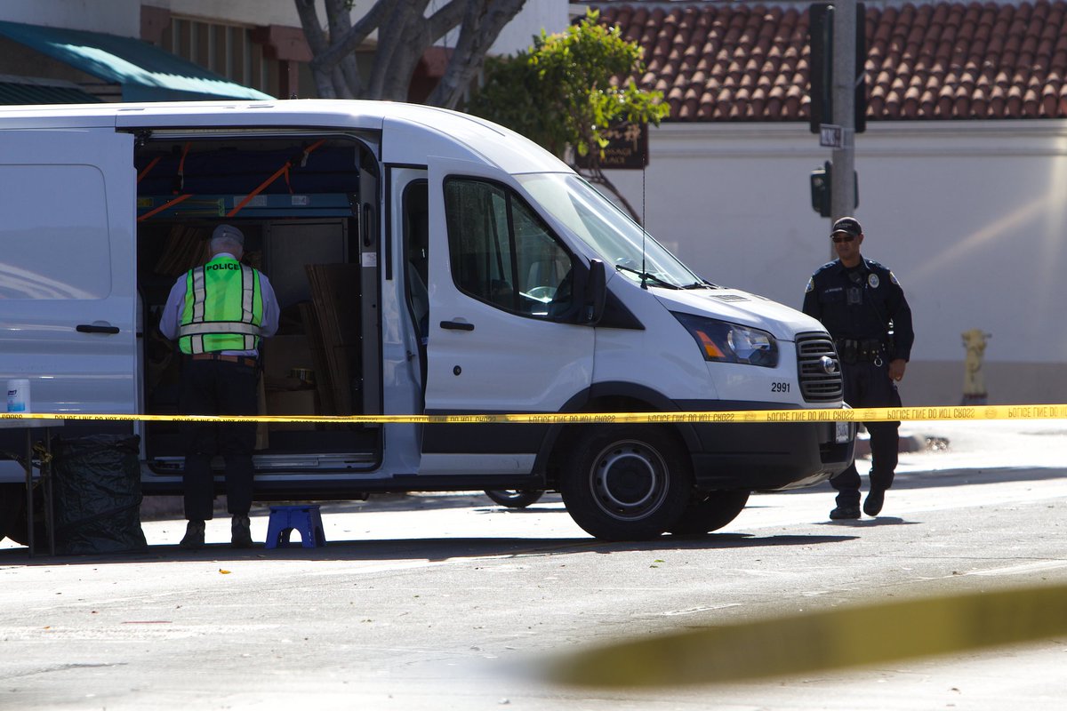 Bloody scene, evidence gathering, street closure and many people questioned on Milpas St. near Haley St. in Santa Barbara linked to a violent 2 a.m. stabbing.  Police have extensive investigation underway