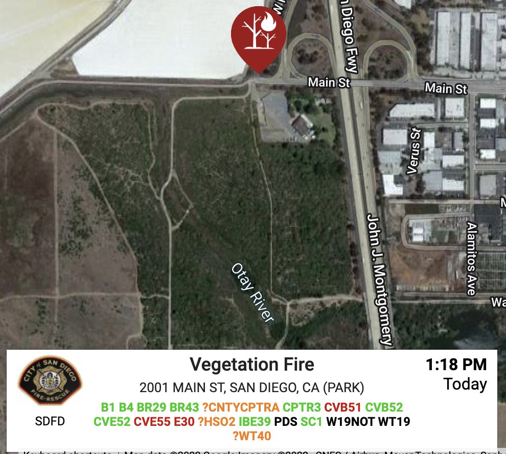 5Fire I5Fire - Egger Highlands - E30 is on scene of a 40' by 40' vegetation fire in moderate brush with a slow rate of spread located 400 feet into the riverbed near the Swiss Club at 2001 Main St.