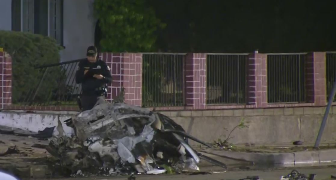 Three people were killed in a fiery wreck in a residential Anaheim neighborhood early this morning which split a car in half