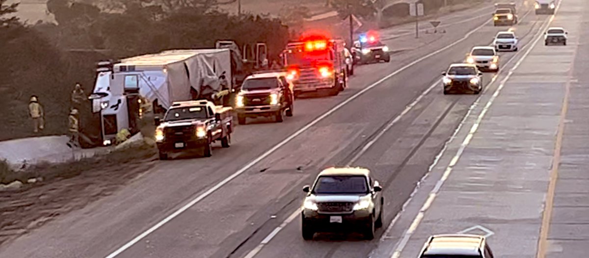 Overturned Semi - Hwy 101 SB at Bailard Ave. Carpinteria. CHP, Santa Barbara County Sheriff, Carpinteria fire on it