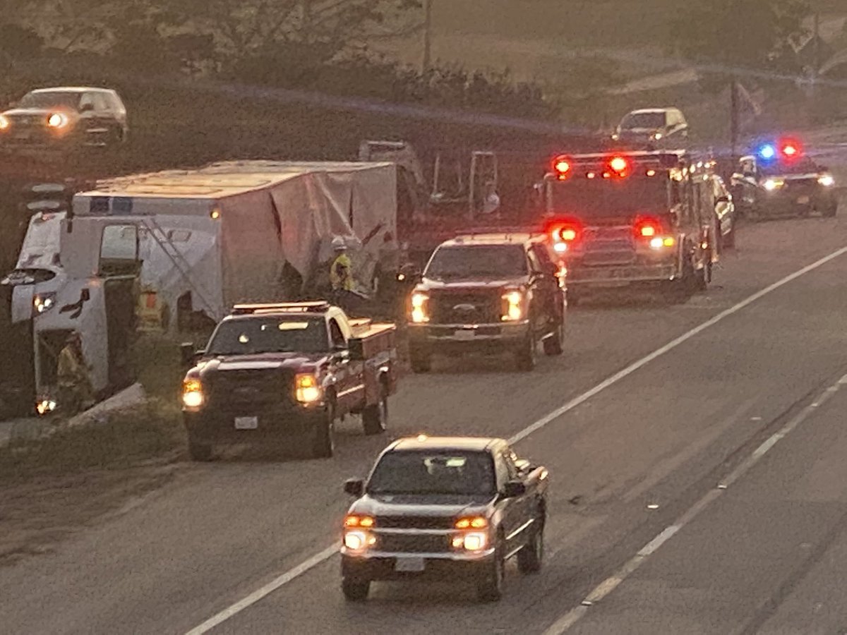 Overturned Semi - Hwy 101 SB at Bailard Ave. Carpinteria. CHP, Santa Barbara County Sheriff, Carpinteria fire on it