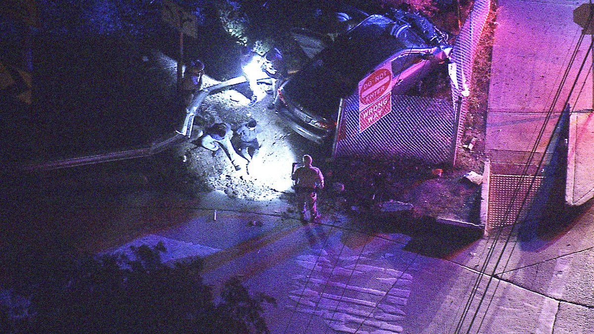 PURSUIT CRASH early morning bad choices by the driver in the 101 CHP behind a car going a 100mph and there when it crashed at the bottom of the Fallbrook off ramp (go figure Physics anyone) One person ran from the car caught quickly @LAFD was called to check for injuries 