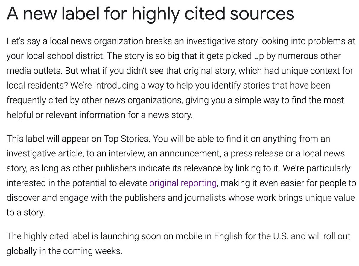 Today Google announced they are going to more highly rank, and highlight, original reporting done by news organizations. This is a pretty  deal and smart move by @richardgingras.   Many local newsrooms have seen search favor larger pubs who re-write original reporting