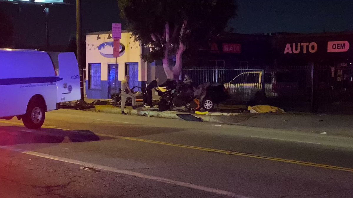 CHP investigating a triple fatal car crash in East LA near the intersection of E Olympic Blvd and S Herbert Ave, driver reportedly going at a high rate of speed before crashing into a tree