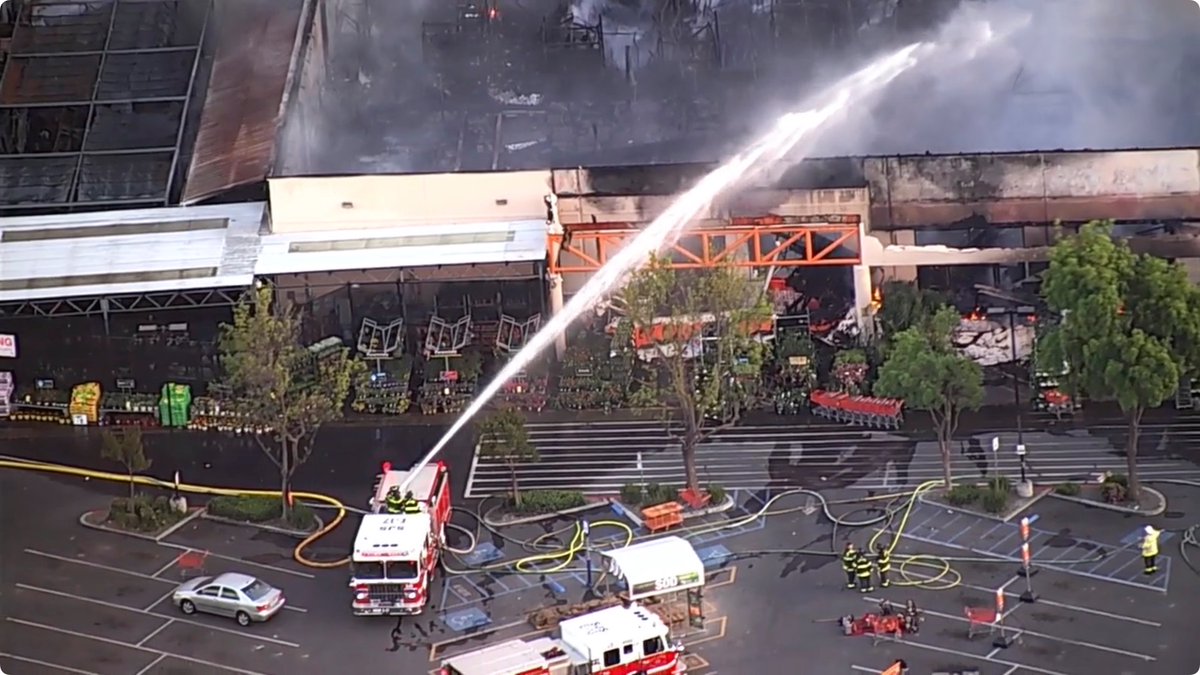 That Home Depot is a write-off — roof is gone, interior totally gutted, and even the metal shelving is largely melted to slag