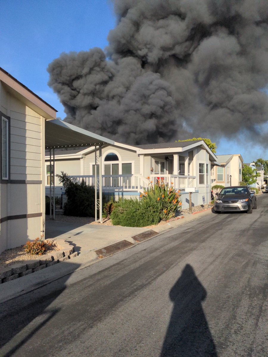 Fire homedepot   photo is taken from Imperial Estates Mobile Home Park. The homes are not burning. Just a weird angle. sjfd is on defense. Park management is assisting homeowners nearest to fire by hosing roofs