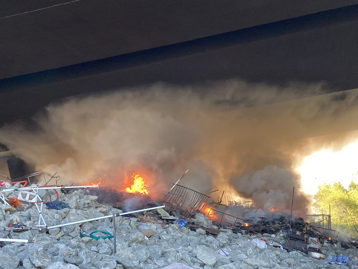 Incident info: Homeless debris fire under eastbound I-80 west of Norwood Ave. multiple engines and a water tender were needed due to no hydrants in the vicinity . Decking  of the freeway is not damaged. No injuries reported