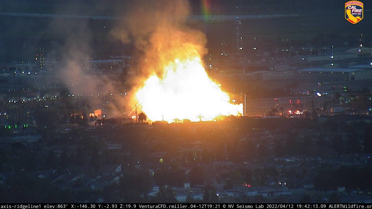 View of the hotel construction site fire in Camarillo, Ventura Co. 5 addl engines & 2 addl aerial ladders requested if available. IC anticipating full collapse of the structure so units are pulling back further. Spot fires reported along US-101. Ventura Blvd @ Los Posas Blvd