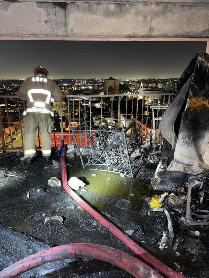 Dozens of residents were forced to evacuate after flames ripped through a 14th floor apartment in a high-rise in Long Beach late last night. No one was hurt