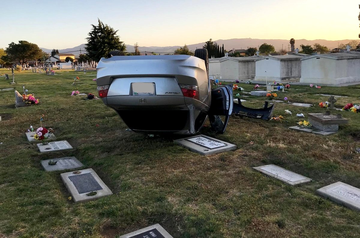 Hollister Graveyard DUI Crash: A driver with a blood alcohol content of 0.18% decided to turn the Hillcrest Cemetery into a racetrack, Hollister police said