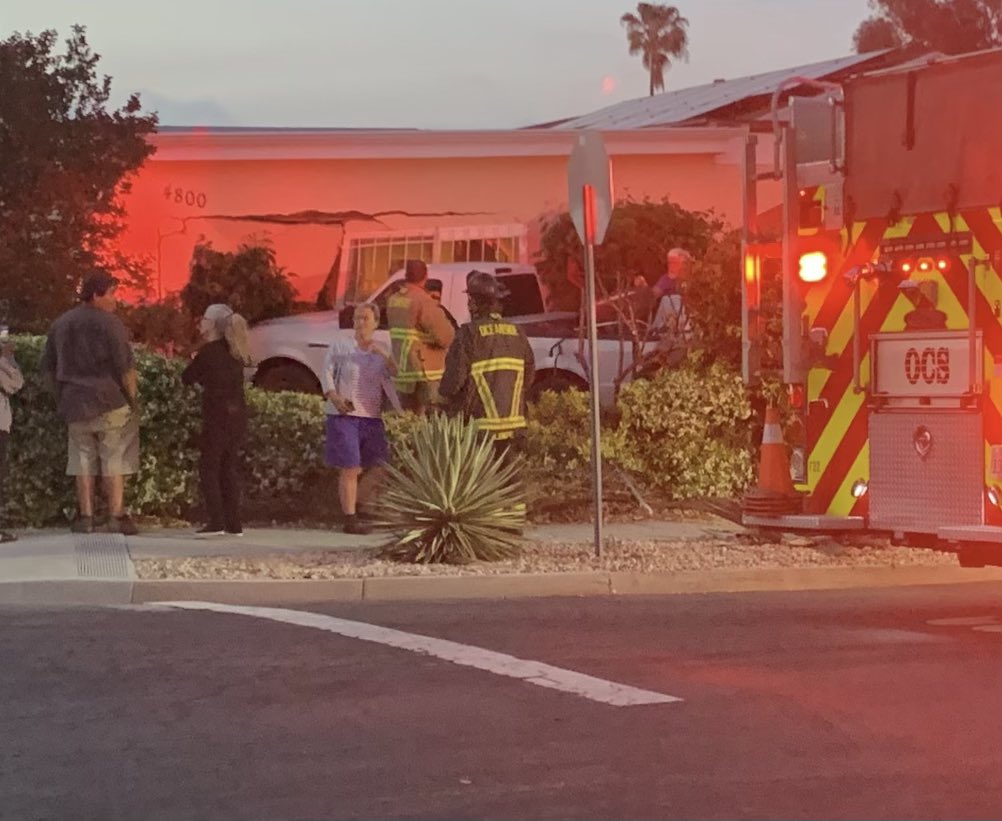 Image shows the scene after a pickup truck crashed into the front of a home in the 4800 block of Stephanie Place in Oceanside tonight.  Two occupants of the truck fled the scene. It is not believed anyone sustained serious injuries. The incident was reported at about 7:30 PM