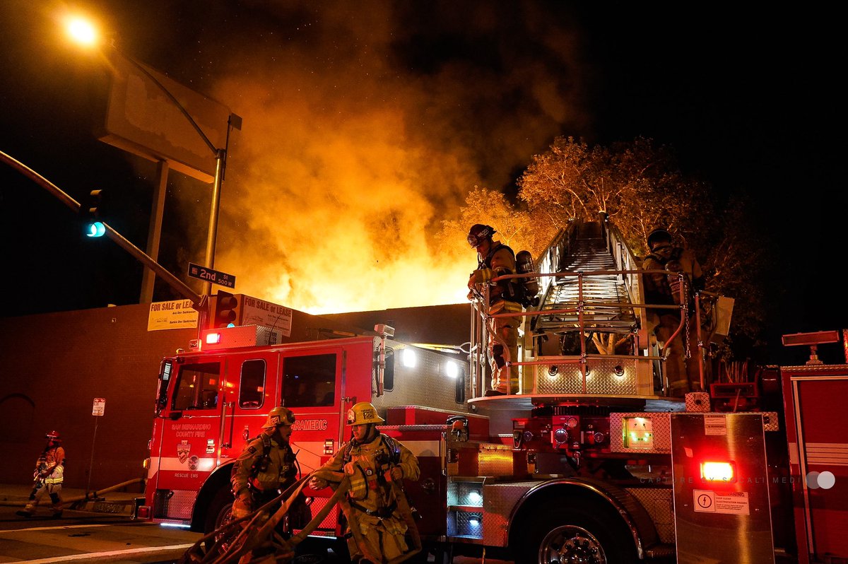 Commercial fire on the corner of E st and 2nd st  in downtown San at this time it is unknown how the fire started . Bernardino fire department on scene