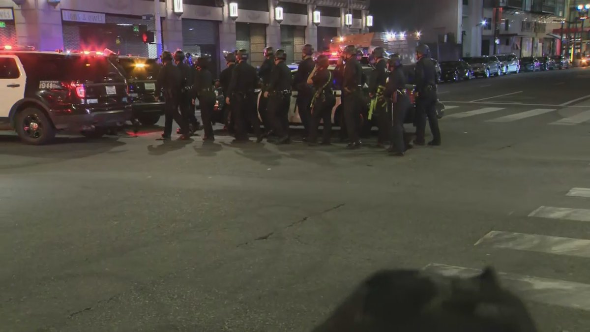 LAPD has declared a city-wide tactical alert, placing all officers on high alert. Police are currently trying to control an unruly crowd of protestors at Pershing Square