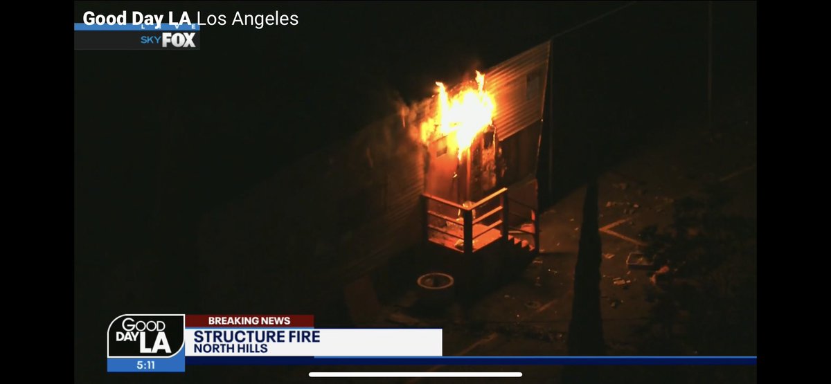 Bungalow on fire on Parthenia Place, near Parthenia and Sepulveda, North Hills. Appears @LAFD responded twice last night to that same address.