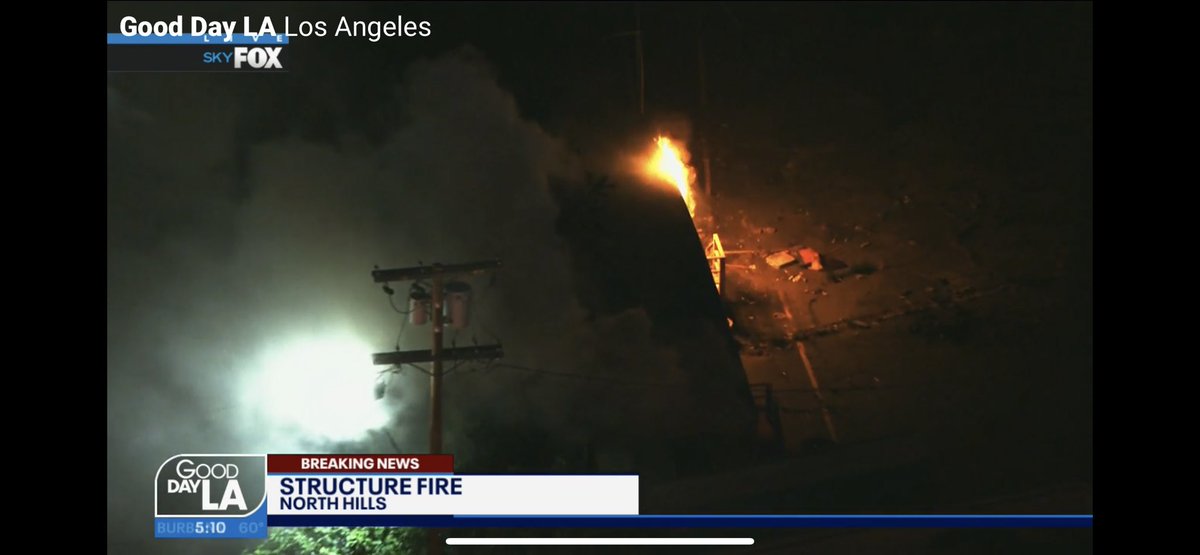 Bungalow on fire on Parthenia Place, near Parthenia and Sepulveda, North Hills. Appears @LAFD responded twice last night to that same address. 