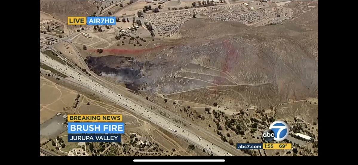 The fire is burning along the north side of the 60 freeway near Pyrite in Jurupa Valley. 100 acres so far. Air units on scene