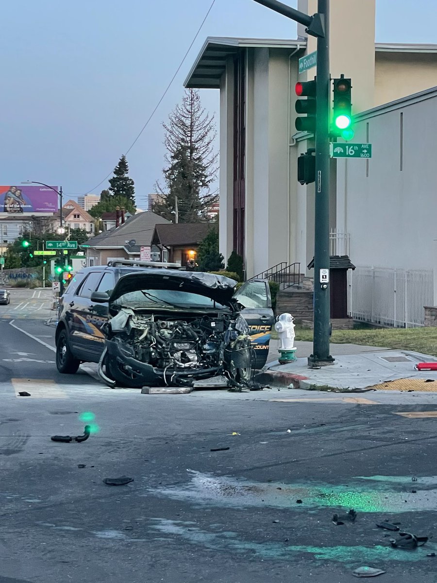 16th Ave @ Foothill in Oakland, A drunk driver ran a red light at a  high rate of speed and crashed into our patrol deputy. Our deputy was transported to the hospital with injuries but will recover. The drunk driver was arrested. 