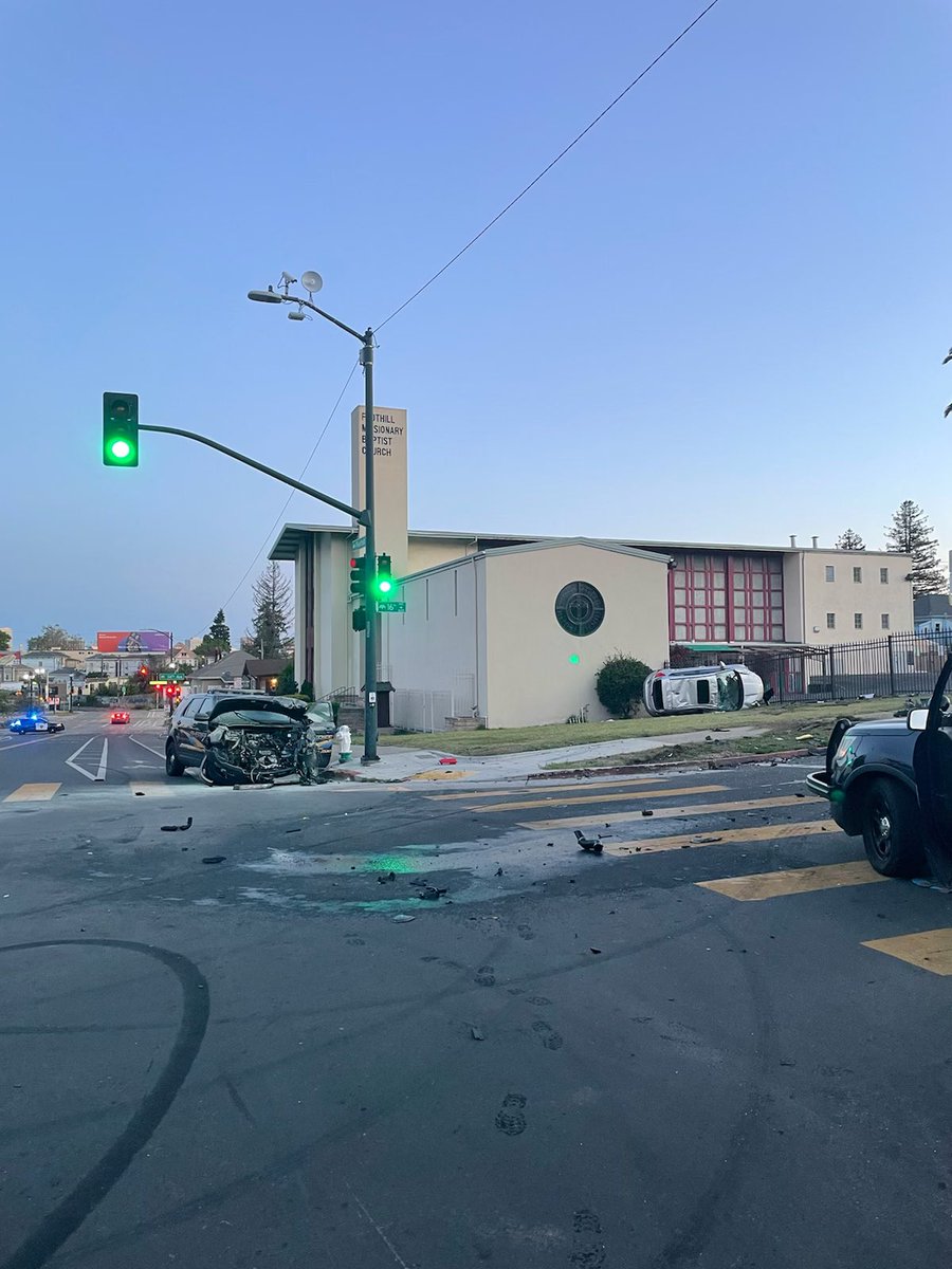 16th Ave @ Foothill in Oakland, A drunk driver ran a red light at a  high rate of speed and crashed into our patrol deputy. Our deputy was transported to the hospital with injuries but will recover. The drunk driver was arrested. 