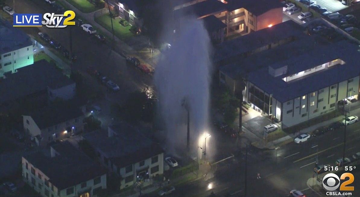 A van sheared a hydrant in the Harvard Heights area, sending a  geyser of water up over Gramercy Place and Venice Boulevard