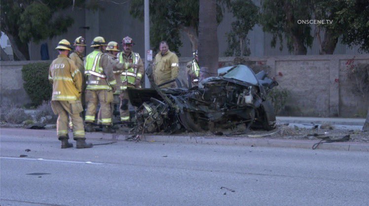 Fountain Valley police were in pursuit of a Honda Civic southbound on Brookhurst St. At some point the pursuit was terminated. The Honda continued at high speed down Brookhurst and lost control colliding with a palm tree in the center divider. The Civic split into two sections