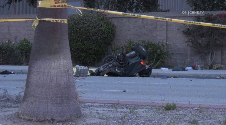 Fountain Valley police were in pursuit of a Honda Civic southbound on Brookhurst St. At some point the pursuit was terminated. The Honda continued at high speed down Brookhurst and lost control colliding with a palm tree in the center divider. The Civic split into two sections