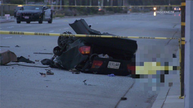 Fountain Valley police were in pursuit of a Honda Civic southbound on Brookhurst St. At some point the pursuit was terminated. The Honda continued at high speed down Brookhurst and lost control colliding with a palm tree in the center divider. The Civic split into two sections