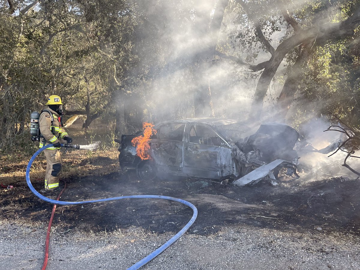 Vehicle vs tree. 101 SB JSO Clark Ave in Orcutt. Vehicle burst into flames upon impact. Driver able to self extricate with minor injuries. PT evaluated on scene. SBC extinguished the vehicle and provided care to driver. Accident under investigation.          C/T1813