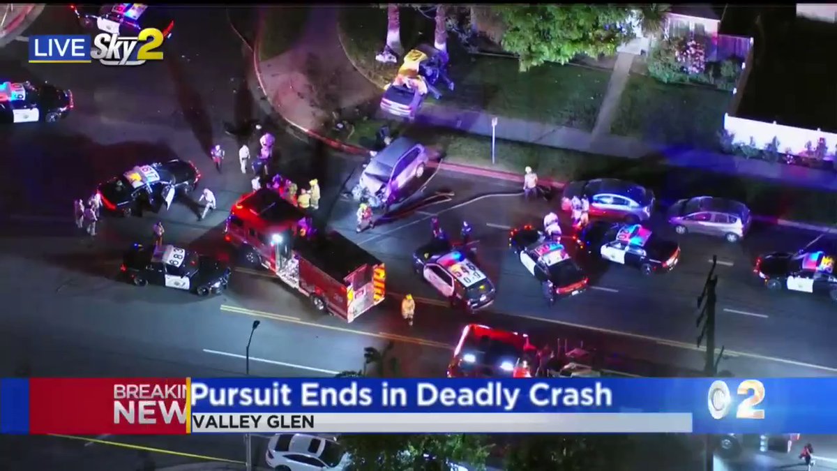 Sky2 was over the scene of a pursuit that ended in a fatal crash in Valley Glen. The pursuit suspect slammed into an  driver's vehicle at Mammoth Avenue and Burbank Boulevard