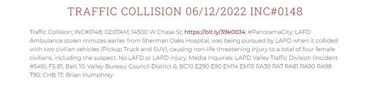 LAPD vannuys 14500 Chase st. Pursuit of a stolen LAFD ambulance leads to an injury crash