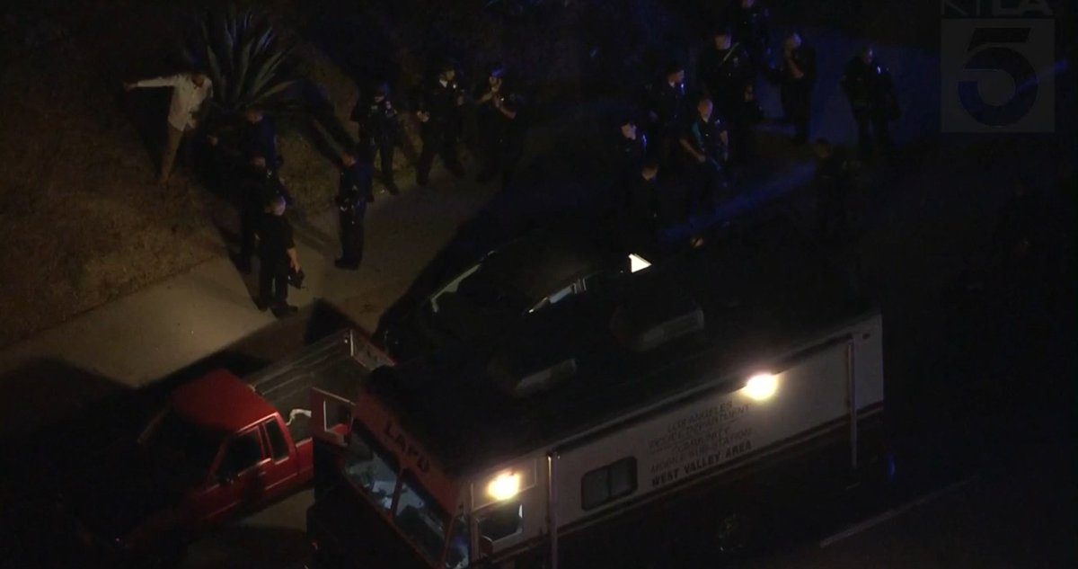 LAPD CHP Sherman Way and Haskell  Officers are wearing helmets and have a command post set up