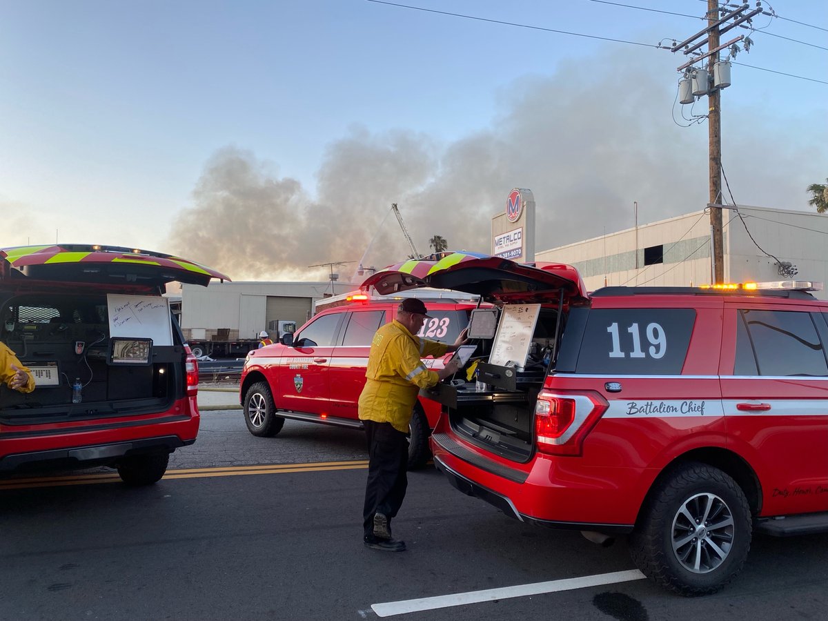 San Bernardino:  Firefighters continue to work on fire suppression & exposure protection