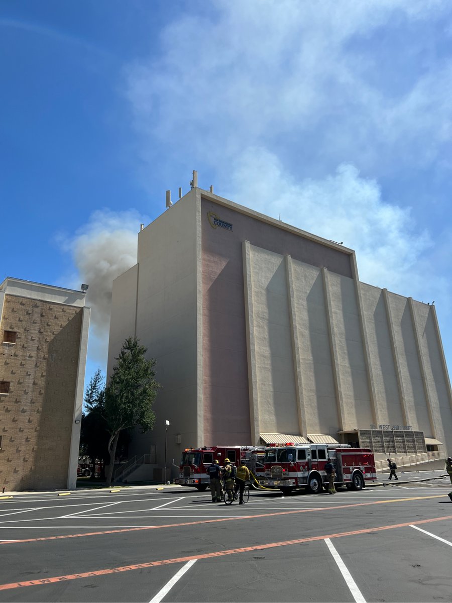 San Bernardino:  IC requested high rise plan, 25 Engines, 5 Trucks & 5 BCs. Units encountering heavy smoke conditions on Floor 4.  Fire attack &amp; search continues