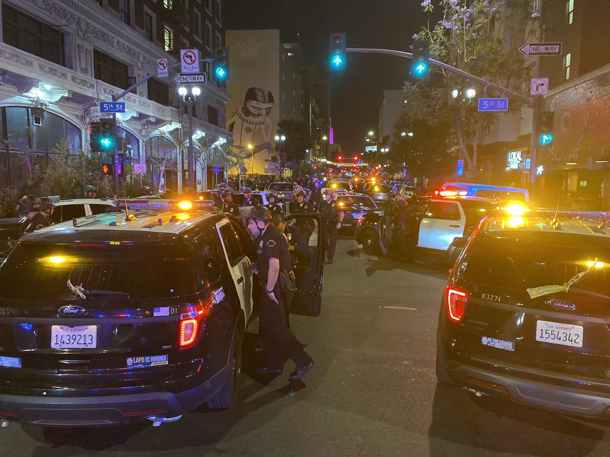 Downtown L.A. where there is a major LAPD presence at 5th and Main. arrests are being made. Just saw an officer with a big handful of zip ties