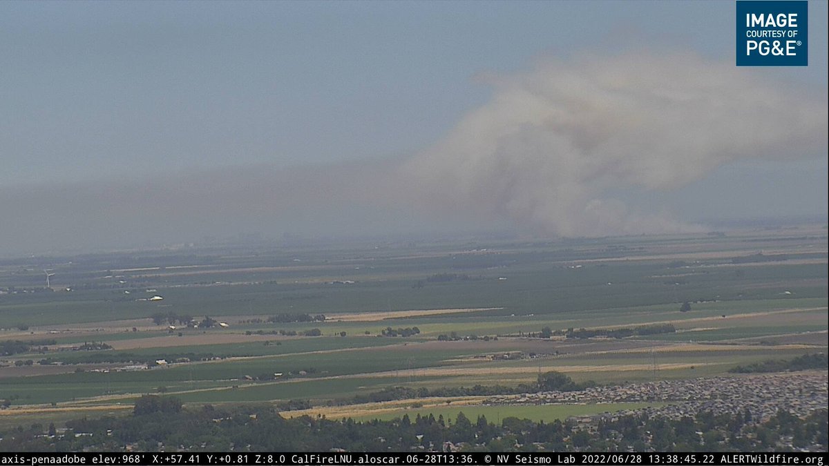 Large grass fire S/E of Davis in Yolo Co @ County Rd 36 & County Rd 104, on the Solano/Yolo Co line. Rapid rate of spread, moving to the north. Lots of green pasture out in front of the head per radio traffic