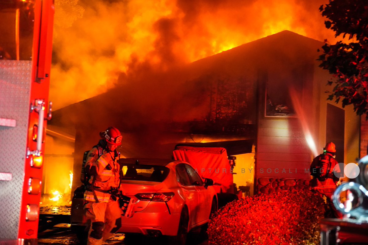 Structure fire in grand Terrace on Dickens ct . @SBCOUNTYFIRE @coltonfiredept on scene and went on defense mode and putting out the fire . At this time there no report of any injury . The fire is still under investigation on how the fire started.  movie_camera@ socalimediaie