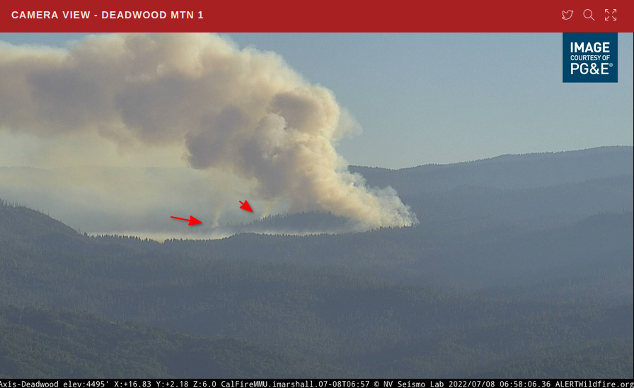 Clear visual on two of the WashburnFire spot fires from the Deadwood Mtn 1 cam