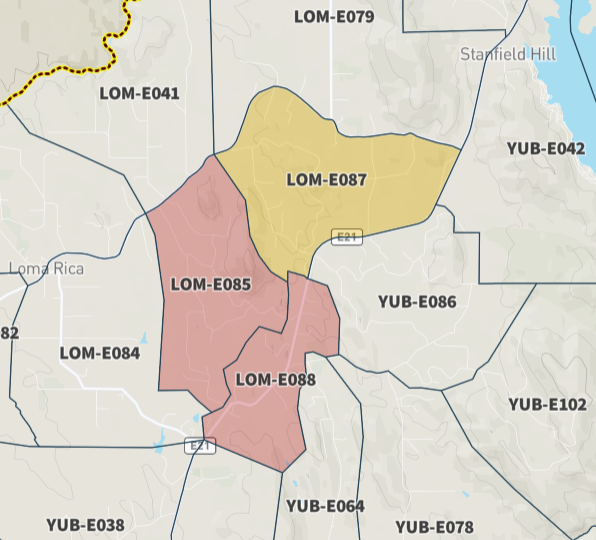 BayFire (LomaRica, Yuba Co) - Evacuations in progress, showing on Zonehaven below. Making some progress tying into retardant from a previous fires retardant line per AA, will take a total of 5 tankers 