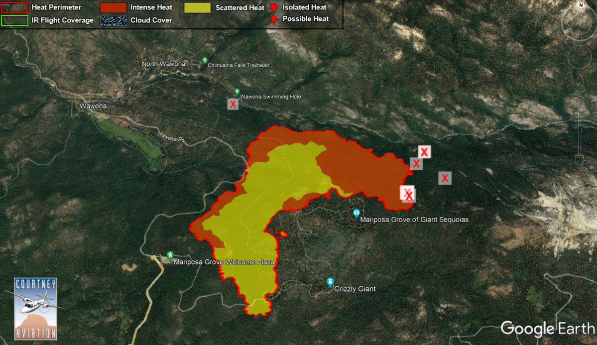 WashburnFire (Yosemite NP) - 1,591 acres from the mapping data that was done around 10pm tonight. Red X's in 2nd & 3rd images are isolated heat signatures (spots). 2nd image = pointing north, 3rd image = pointing south. 