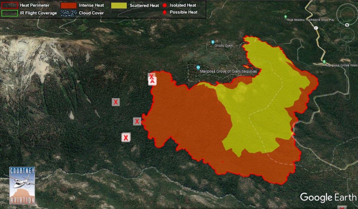 WashburnFire (Yosemite NP) - 1,591 acres from the mapping data that was done around 10pm tonight. Red X's in 2nd & 3rd images are isolated heat signatures (spots). 2nd image = pointing north, 3rd image = pointing south. 