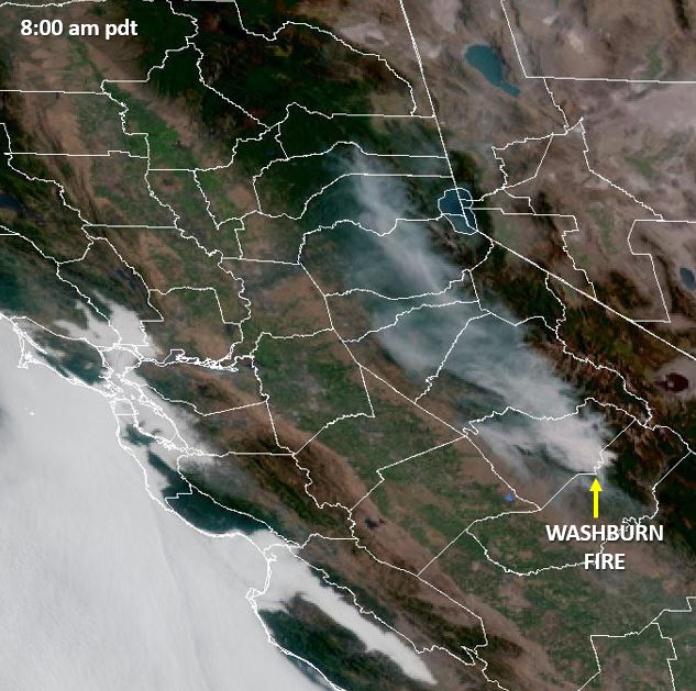 Smoke from the Washburn Fire (Yosemite NP) has spread northward to cover most the western slopes and foothills of the Northern and Central Sierra Nevada